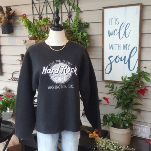 HARD ROCK CAFE ♡ Sweet Vintage Thick Black Washington, DC Cut-Off Sweatshirt S - Picture 1 of 12